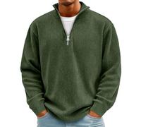 Rollkragenpullover Herren Cord Sweatshirt Quarter Zip V-Ausschnitt Langarmshirt Business Shirts Sweatshirt Jacke Gerippter Winter Thermohemd Pullover Weich Sweaters Freizeit Pulli(#B Army Green,XL)