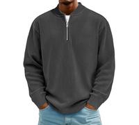 Rollkragenpullover Herren Cord Sweatshirt Quarter Zip V-Ausschnitt Langarmshirt Business Shirts Sweatshirt Jacke Gerippter Winter Thermohemd Pullover Weich Sweaters Freizeit Pulli(#A Black,XXL)