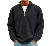 Rollkragenpullover Herren Cord Sweatshirt Quarter Zip V-Ausschnitt Langarmshirt Business Shirts Sweatshirt Jacke Gerippter Winter Thermohemd Pullover Weich Sweaters Freizeit Pulli(#B Black,XXL)