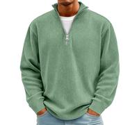 Rollkragenpullover Herren Cord Sweatshirt Quarter Zip V-Ausschnitt Langarmshirt Business Shirts Sweatshirt Jacke Gerippter Winter Thermohemd Pullover Weich Sweaters Freizeit Pulli(#B Green,4XL)