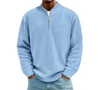Rollkragenpullover Herren Cord Sweatshirt Quarter Zip V-Ausschnitt Langarmshirt Business Shirts Sweatshirt Jacke Gerippter Winter Thermohemd Pullover Weich Sweaters Freizeit Pulli(#A Sky Blue,XL)