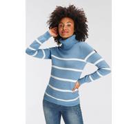 Rollkragenpullover KANGAROOS, Damen, Gr. 44/46, blau (hellblau, wollweiß), Strick, Obermaterial: 60% Baumwolle, 40% Polyacryl, geringelt, gestreift, normal hüftbedeckend, Rippstrickbündchen, Pullover