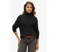 Rollkragenpullover SUPERDRY "SLOUCHY CABLE ROLL NECK", Damen, Gr. XS, schwarz charcoal grau, Strick, Obermaterial: 100% Baumwolle, unifarben, loose fit normal, Rundhals, Bündchen, Pullover Rollkragenp
