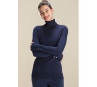 Rollkragenpullover TAMARIS "aus angenehmer Viskosemischung", Damen, Gr. 40, blau (solid navy), Obermaterial: 70% Viskose, 30% Polyamid, unifarben, figurbetont hüftlang, Rippbündchen mit Druckknöpfen,