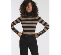 Rollkragenpullover TAMARIS, Damen, Gr. 44, braun (schwarz, camelfarben, gestreift), Feinstrick, Obermaterial: 70% Viskose, 30% Polyamid, Pullover Rollkragenpullover, im lässigen Streifendesign (439079