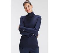 Rollkragenpullover TAMARIS, Damen, Gr. 46, blau (solid navy), Obermaterial: 70% Viskose, 30% Polyamid, unifarben, figurbetont hüftlang, Rippbündchen mit Druckknöpfen, Pullover Rollkragenpullover, in e