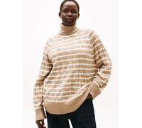 Rollkragenpullover TOMMY HILFIGER CURVE "CRV SOFT WOOL CABLE ROLL-NK SWT", Damen, Gr. 54, safari canvas htr, ivory petal stp, Strick, Obermaterial: 100% Wolle, gestreift, Bündchen, Pullover Rollkragen