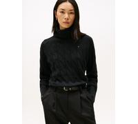 Rollkragenpullover TOMMY HILFIGER "SOFT WOOL CABLE ROLL-NK LS SWT", Damen, Gr. M (38), schwarz, Strick, Obermaterial: 100% Wolle, unifarben, normal, Pullover Rollkragenpullover, mit Zopfmuster, aus re
