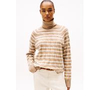 Rollkragenpullover TOMMY HILFIGER "SOFT WOOL CABLE ROLL-NK LS SWT", Damen, Gr. XXXL(46), safari canvas htr, ivory petal stp, Strick, Obermaterial: 100% Wolle, gestreift, meliert, normal, Pullover Roll