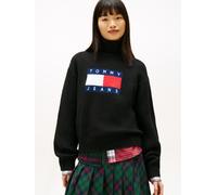 Rollkragenpullover TOMMY JEANS "TJW TURTLENECK FLAG SWEATER EXT", Damen, Gr. 4XL (48), schwarz, Strick, Obermaterial: 53% Polyester, 38% Nylon, 9% Wolle, gemustert, regular fit normal, Rundhals, Pullo