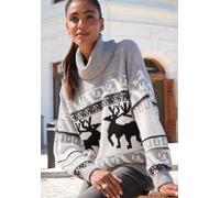 Rollkragenpullover VIVANCE "mit Wintermotiv", Damen, Gr. 44/46, grau (grau, schwarz, creme), Strick, Obermaterial: 85% Polyacryl, 9% Elasthan, 6% Polyamid, gemustert, figurumspielend hüftlang, Pullove