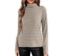 Rollkragenshirt Damen Langarm Baumwolle | Oberteile Damen Basic | Langarmshirt Elegant T Shirt Unterziehshirt Unterziehshirt Slim Fit Rollkragenpullover Dünn Longsleeve Tops Gestreiftes Blusenshirt