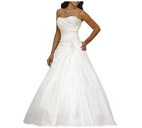 Romantic-Fashion Brautkleid Hochzeitskleid A-Linie Lang Satin Trägerlos Perlen Pailletten, LNNLSS, Weiß, 36