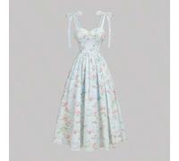 Romantisches florales bedrucktes Maxikleid für Damen mit Schultergurt und Bindegürtel, Sommerkleid, Bridgerton-Stil Kleid, Blumenkleid