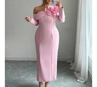 Romantisches langes Kleid in Große Größen mit 3D Rosen Schulter Dekor und asymmetrischen Ärmeln in Rosa, geeignet für Gala, Party, Abendveranstaltunge