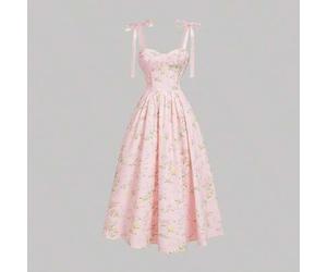 Romantisches Maxikleid für Frauen mit Blumendruck, Schulterträger und Taillenband, Sommerkleider, Bridgerton-Stil Kleid, Blumenkleid