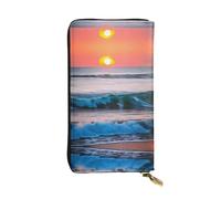 RoMuka Lange Geldbörse aus Leder, Motiv: Sonnenuntergang und Sonnenaufgang mit Meereswellen, Kartenfach für Kreditkarten, Bargeld, Münzen, Schwarz, Einheitsgröße