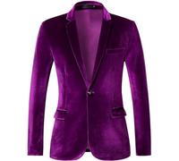 RONGKAI Herren-Samt-Blazer, schmale Passform, modische Anzugjacke für Hochzeit, Abschlussball, Dinnerparty, Violett, L