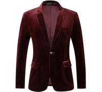 RONGKAI Herren-Samt-Blazer, schmale Passform, modische Anzugjacke für Hochzeit, Abschlussball, Dinnerparty, Weinrot, XX-Large