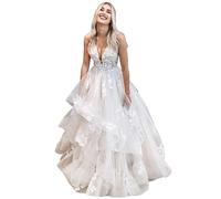 RONGLONG Brautkleider A-Linie Prinzessin Spitze Standesamt Hochzeitskleider Volants Tüll Brautkleid Ärmellos, White, 54