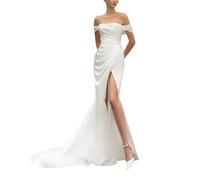 RONGLONG Meerjungfrau Brautkleider Satin Lange Hochzeitskleid Off Shoulder Standesamt Braut Satinkleid mit Schlitz, Ivory, 56
