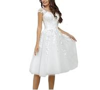 RONGLONG Vintage Brautkleid Kurz Tüll Spitze Hochzeitskleider a Linie Kurzarm Spitzenkleid Standesamt Kleid, White, 36