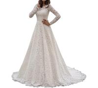 RONGLONG Vintage Brautkleider Langarm Spitze Hochzeitskleider A-Linie Standesamt Kleider Lang Braut Spitzenkleid, Ivory, 52