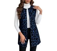 Roobeety Damen Lange Weste mit Leopardenmuster - Ärmellose Strickjacke im Animal-Print | Modischer Cardigan ohne Ärmel für den Lagenlook