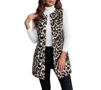 Roobeety Damen Lange Weste mit Leopardenmuster - Ärmellose Strickjacke im Animal-Print | Modischer Cardigan ohne Ärmel für den Lagenlook