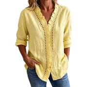 Roobeety Damen Leinenhemd Cut Out Rüschenbluse Elegante V-Ausschnitt Tunika Atmungsaktiv Oberteil Bequeme Hemden Leichtes Top Sommer Tshirt Schlichte Blusen mit Lochstickerei für Strand