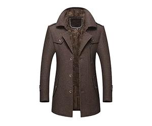 Roquorl Winter Herren Wollmantel Mode Mittellanger Schalkragen Baumwolle Dicker Warmer Wollmantel Brown XL