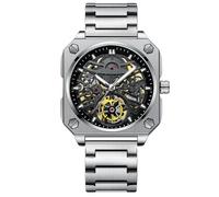 rorios Armbanduhren für Herren Mechanische Automatik Uhr Minimalistisch Skelett Uhr Freizeit Mode Uhr mit Edelstahl Armband für Männer Weiß Schwarz A