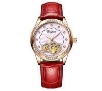 rorios Damen Uhren Automatikuhr Mechanische Uhr Wasserdicht Leuchtend Uhr mit Leder Armband Elegant Diamant Armbanduhr Pink