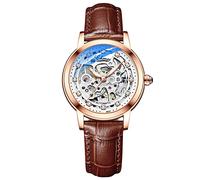 rorios Damen Uhren Wasserdicht Mechanische Automatikuhr mit Lederarmband Skeleton Tourbillon Uhren Mode Leuchtendes Uhren für Mädchen Frauen