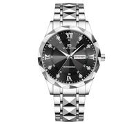 rorios Elegant Diamant Armbanduhr für Herren Klassische Edelstahl Herrenuhren Analog Quarz Uhr Leuchtend Datum Kalender Uhren für Männer Silber