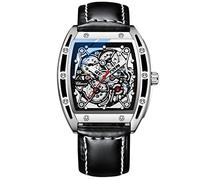 rorios Herren Automatik Mechanische Uhren Leuchtend Uhren mit Lederband Tonneau Skelett Zifferblatt Armbanduhr