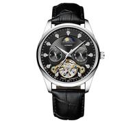 RORIOS Herren Automatik Tourbillon Uhr Diamant Skelett Uhr wasserdichte Mechanische Armbanduhr Leuchtende Mondphase Uhr Lederarmband Schwarz weiß B