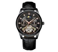 RORIOS Herren Automatik Tourbillon Uhr Diamant Skelett Uhr wasserdichte Mechanische Armbanduhr Leuchtende Mondphase Uhr Lederarmband Schwarz Roségold B