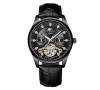 RORIOS Herren Automatik Tourbillon Uhr Diamant Skelett Uhr wasserdichte Mechanische Armbanduhr Leuchtende Mondphase Uhr Lederarmband Schwarz weiß A
