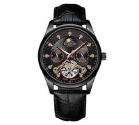 RORIOS Herren Automatik Tourbillon Uhr - Diamant Skelett Wasserdichte Mechanische Armbanduhr Mit Leuchtender Mondphase - Lederarmband Schwarz Roségold B