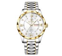rorios Herren Elegant Quarz Armbanduhr Klassische Edelstahl Herrenuhren Diamant wasserdichte Uhr Multifunktional Business Uhren für Männer Gold weiß B