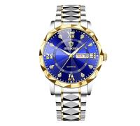 rorios Herren Elegant Quarz Armbanduhr Klassische Edelstahl Herrenuhren Diamant wasserdichte Uhr Multifunktional Business Uhren für Männer Gold blau B