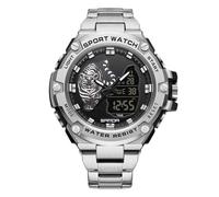 rorios Herren Elektronische Dual Display Uhr 5ATM wasserdichte Armbanduhr Digital Analog Quarz Uhren Multifunktional Militär Herrenuhren Edelstahl Armband Schwarz Silber A