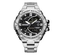 rorios Herren Elektronische Dual Display Uhr 5ATM wasserdichte Armbanduhr Digital Analog Quarz Uhren Multifunktional Militär Herrenuhren Edelstahl Armband Schwarz Silber B