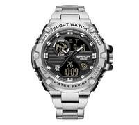 rorios Herren Elektronische Dual Display Uhr 5ATM wasserdichte Armbanduhr Digital Analog Quarz Uhren Multifunktional Militär Herrenuhren Edelstahl Armband Schwarz Silber C