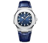 rorios Herren Minimalistic Uhr Analog Quarz Armbanduhr Datum Kalender Leuchtend Uhr Freizeit Edelstahl Herrenuhren mit Leder Armband Silber Blau