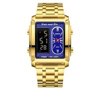 rorios Herren Multifunktional Elektronischer Armbanduhr Business Rechteckige Quarz Uhr Digital Analoganzeige Herrenuhren mit Alarm Chronograph Gold Blau A