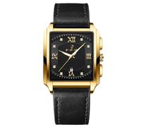 rorios Herren Quadratische Armbanduhr Quarz wasserdichte Uhr Elegant Diamant Uhren Einfache Vintage Uhr Kalender Leuchtend Uhr Leder Armband für Männer Schwarz Gold C, AA-ADZ009
