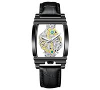 rorios Herren Skelettierte Rechteckige Armbanduhr Business Analog Quarz Herrenuhren Edelstahl Leuchtende mit Leder Armband für Männer Schwarz B