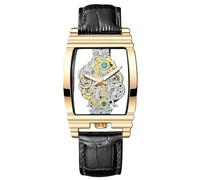rorios Herren Skelettierte Rechteckige Armbanduhr Business Analog Quarz Herrenuhren Edelstahl Leuchtende mit Leder Armband für Männer Schwarz Gold